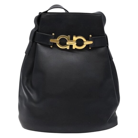 Salvatore Ferragamo Gancini Shoulder Bag Leather Black Gold Auth - Picture 7 of 15